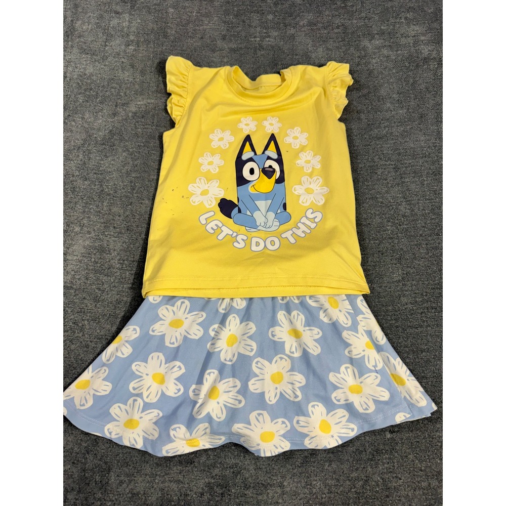 Bluey Girls 2 Piece Outfit Set Yellow Flutter Sleeve Top Blue Daisy Skirt Size 6